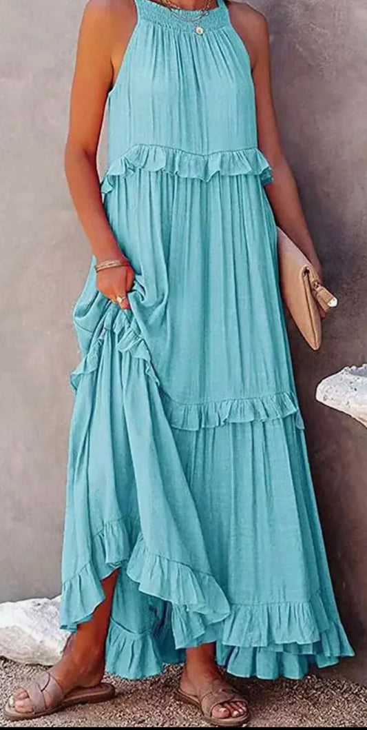 Turquoise Ruffles Tier Maxi Dress